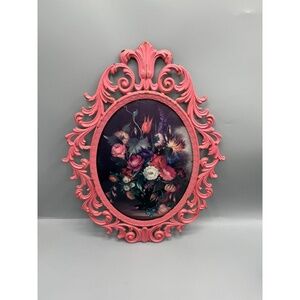 Italian Pink Floral‎ Oval Brass vintage Glass Framed Print Rococo Art Rare Italy